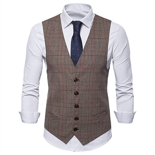 Herren Weste Hochzeit Arbeit Geschäft Täglich Geschäftlich Brautkleider schlicht Winter Tasche Polyester Windundurchlässig Schnelltrocknend Plaid / Karomuster Einreihiger Verschluss V Ausschnitt Image
