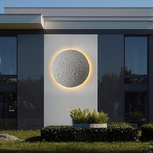Moderne, minimalistische Mond-LED-Veranda-Lichter, weiße, runde, an der Wand montierte Außenwandlaterne, rostfreie Außenleuchten für Veranda, Terrasse, Garage, 110–240 V Image