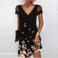 Damen Midikleid Casual kleid Etuikleid Elegant Modisch Basic Spitzenärmel Urlaub Täglich Festtage Regular Fit Blumen Kurzarm V Ausschnitt Gezackter Hals Schwarz Regenbogen Sommer Frühling