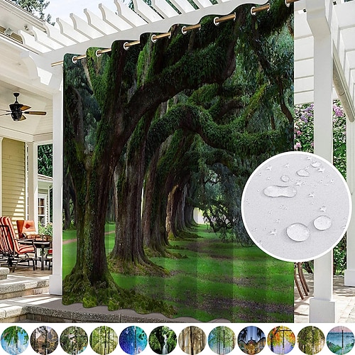 Wasserdichter Outdoor Vorhang Sichtschutzvorhang für den Außenbereich, Schiebevorhänge für die Terrasse, Pergola-Vorhänge mit Ösen, 3D-Waldlandschaft für Pavillon, Balkon, Veranda, Party, 1 Panel Image