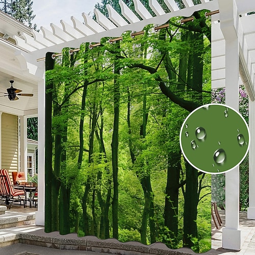 Wasserdichter Outdoor Vorhang Sichtschutzvorhang für den Außenbereich, Schiebevorhänge für die Terrasse, Pergola-Vorhänge mit Ösen, 3D-Waldlandschaft für Pavillon, Balkon, Veranda, Party, 1 Panel Image