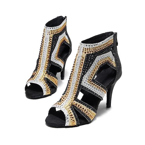 Damen Salsa Schuhe Tanzstiefel Tango-Schuhe Leistung Ausbildung Stiefelette Absätze Kristall / Strass Seide aushöhlen Schlanker High Heel Peep Toe Reißverschluss Schnürsenkel Erwachsene Schwarzes Gold