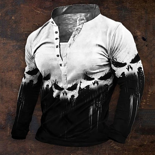 Herren Grafik Wikinger Totenkopfe Henley Hemd Langarm 3D-Druck Täglich Retro Vintage Lässig Ferien Ausgehen Festival Frühling Herbst Weiß Blau Orange Grün Henley Henley T-Shirt Image