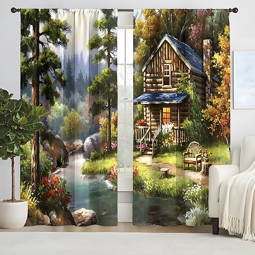 2 Paneele Waldhaus-Vorhang, Verdunkelungsvorhang für Wohnzimmer, Schlafzimmer, Küche, Fensterbehandlungen, wärmeisolierte Raumverdunkelung Image