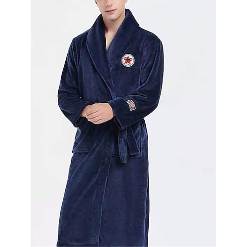 Herren Schlafanzug Morgenmantel Bademantel Glatt Stilvoll Brautkleider schlicht Komfort Heim Täglich Bett Flanell Komfort Warm Kargen Langarm Tasche Gürtel inbegriffen Herbst Winter Wein Marineblau Image