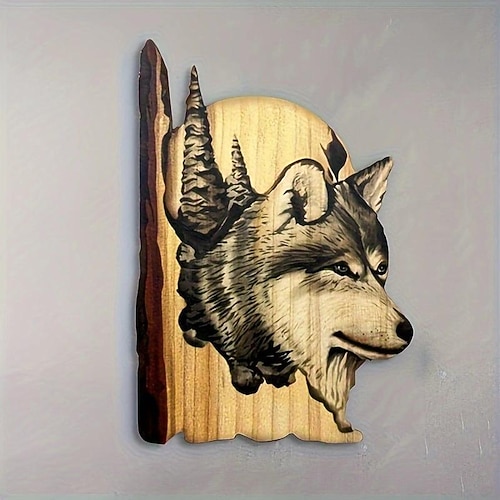 Tierschnitzerei, handgefertigte Wandbehangskulptur, handbemalte Dekoration aus Holz, Waschbär, Bär, Hirsch, für das Wohnzimmer zu Hause Image