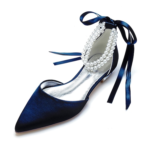 Damen Hochzeitsschuhe Damenschuhe Valentinstagsgeschenke Party Abend Hochzeitsschuhe Flach Brautschuhe Brautjungfernschuhe Schleife Imitationsperle Flacher Absatz Spitze Zehe Klassisch Süß Satin Image