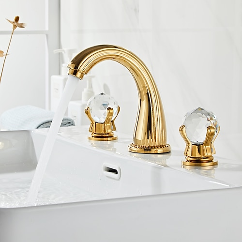 Waschbecken Wasserhahn 3-Loch Deck montiert weit verbreitet Messing Badezimmer Wasserhahn Kristallgriff Mischbatterie (Gold/Schwarz/Chrom) Image