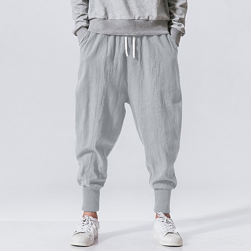Herren Leinenhose Hose Hosen Patchwork Kordelzug Haremshosen Feste Farbe Atmungsaktiv Rasche Trocknung Strasse Casual Athlässigkeit Lockere Passform Schwarz Grau Mikro-elastisch / Winter / Leicht Image