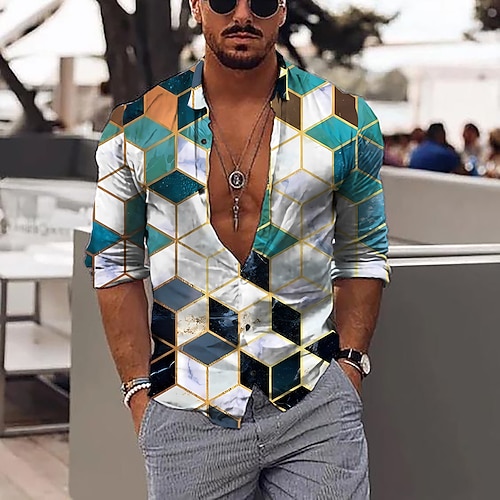 Herren Geometrische Muster Geometrie Hemd Knopfhemd Langarm Modisch Designer Brautkleider schlicht Outdoor Urlaub Täglich Frühling Sommer Ständer 3D-Druck Button-Down Schwarz Weiß Rosa Dunkelgrün Grün Image