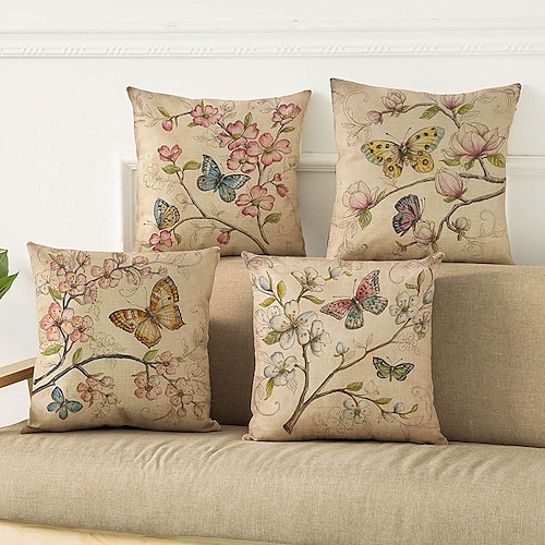 Blume, Vogel, Schmetterling, doppelseitiger Kissenbezug, 4-teilig, weicher dekorativer Kissenbezug für Schlafzimmer, Wohnzimmer, Sofa, Couch, Stuhl, maschinenwaschbar Image