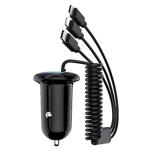 3-in-1-Autoladegerät mit Schnellladefunktion, Federkabel, Schnellladung, 15 W, gemischtes Einzel-USB-Autoladegerät, kompatibel mit Mobiltelefonen, Laptops, Kameras
