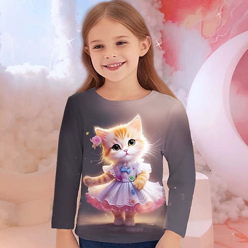 Mädchen 3D Graphic Karikatur Katze T-Shirt Langarm 3D-Druck Sommer Herbst Aktiv Modisch Kuschelig kinderkleidung 3-12 Jahre Outdoor Casual Täglich Regular Fit Image