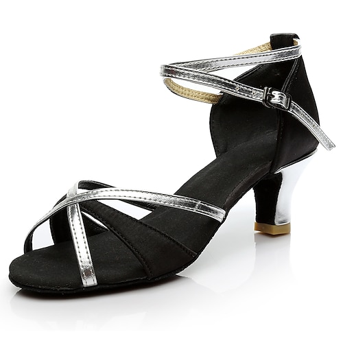 Schwarze und goldene Satin-Tanzschuhe für Damen mit weicher Wildledersohle – Riemchensandalen mit hohem Absatz für Gesellschaftstanz, Salsa und lateinamerikanische Tänze Image