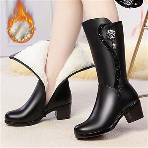 Damen Stiefel Schneestiefel Outdoor Arbeit Täglich Einfarbig Mit Fleece Futter Stiefel mit mittlerer Wade Blume Blockabsatz Runde Zehe Lässig Kunstleder Reißverschluss Schwarz Image
