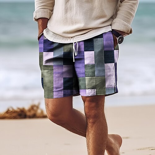Herren Farbblock Patchwork Bunt Badehosen Badeshorts Boardshorts Mittlere Taille Hawaiianisch Lässig Ferien Strand Kordelzug mit Mesh-Futter Elastischer Bund Designer Bekleidung Image