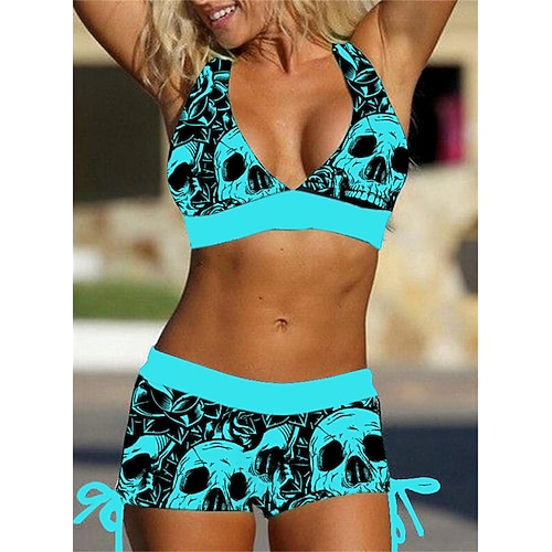Damen Bikini 2-teilig Badeanzug Plus Size Offene Rückseite Druck Totenkopf Weiß Blau Lila Rot V Draht Bademode Neuer Urlaub Urlaub Modern Buchstabe Blume Gepolsterte Bh Image
