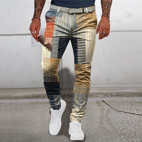 Plaid Geometrie Geschäftlich Herren 3D-Druck Hosen Hose Outdoor Strasse Tragen Sie, um zu arbeiten Polyester Blau Grün Khaki S M L Mittlere Taillenlinie Elastizität Hose