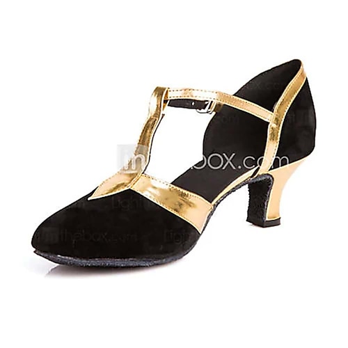 Damen Ballsaal Schuhe für modern Dance Salsa Schuhe Line Dance Absätze Farbaufsatz Kubanischer Absatz Schnalle T-Riemen Schwarz und Gold Schwarz