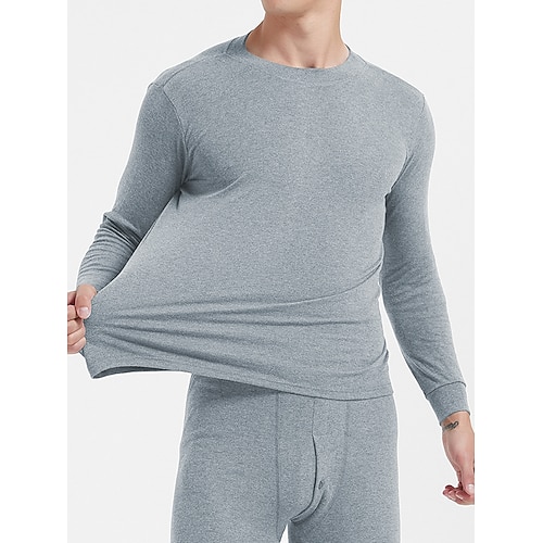 Herren Thermounterwäsche Schlafanzüge Thermounterwäsche Set 2 Stück Glatt Warm Modisch Brautkleider schlicht Heim Täglich Bett Baumwolle Komfort Warm Weich Rundhalsausschnitt Langarm T Shirt Hose Image