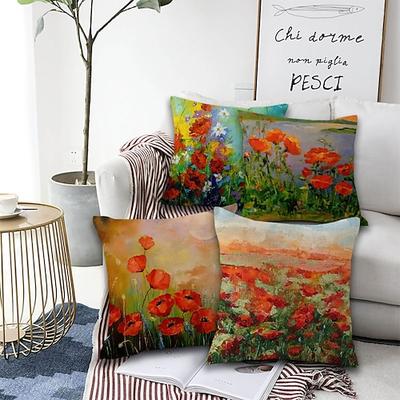 4er Set kunstvolle Blumen quadratische dekorative Dekokissenbezüge Sofakissenbezüge Heimsofa dekorative Kunstleinen Kissenbezug für Sofa Couchbett Stuhl rot Image