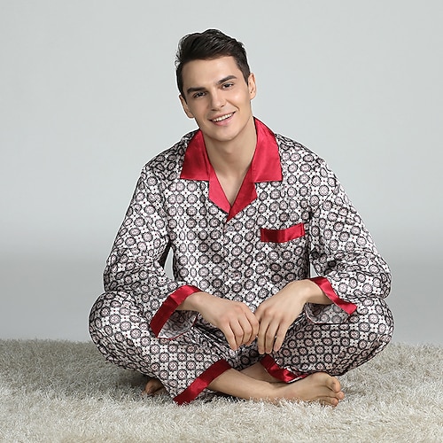 Herren Schlafanzüge Pyjama-Oberteil und Hose Pyjama aus Seide 2 Stück Geometrisch Luxus Heim Bett Strand Polyester Komfort Langarm Hose Sommer Frühling Rotes Party-Pyjama-Set Pyjama-Set mit rotem Image