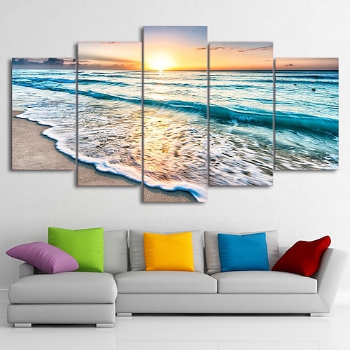5 Paneele Landschaftsdrucke Poster/Bild Strand blau Meer Sonnenuntergang moderne Wandkunst Wandbehang Geschenk Heimdekoration gerollte Leinwand kein Rahmen ungerahmt ungedehnt Image