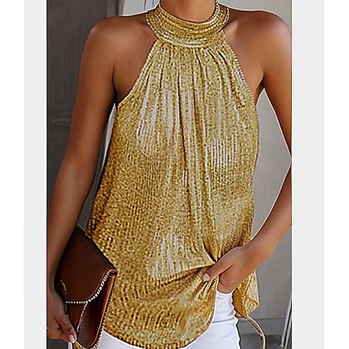 Damen Plus-Size Spaghettiträger Top Sommer Tops Bluse Einfarbig Sexy Basic Strand Ärmellos Halterneck Täglich Plissiert Cut Out Silber Schwarz Gelb Image