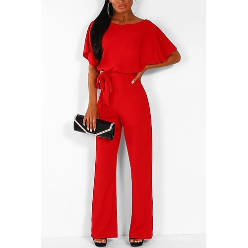 Damen Normal Overall Elegant Einfarbig Kurzarm Gerade Rundhals Mit Gürtel Weites Bein Hochzeit Abschlussball Lässiger Schnitt Schwarz Gelb Rosa Sommer Image