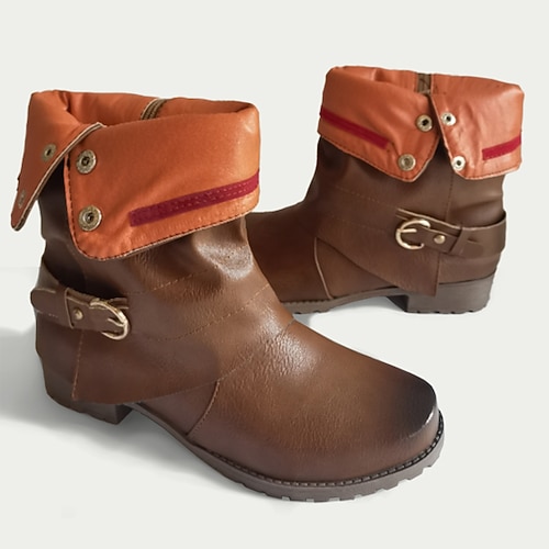 Braune und orangefarbene Umschlagstiefeletten mit Schnallenriemen für Herren, stylisches Freizeitschuhwerk für Herbst und Winter Image