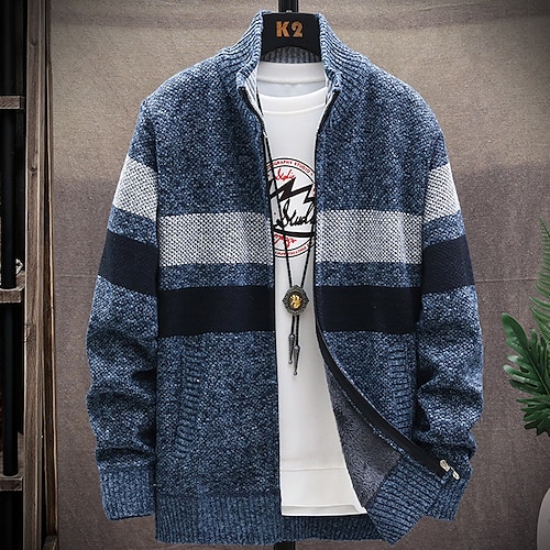 Herren Pullover Strickjacke Zip Pullover Reißverschluss Pullover Jacke Fleece Pullover Stricken Strick Farbblock Ständer Stilvoll Outdoor Heim Bekleidung Winter Herbst Blau Dunkelgray M L XL Image