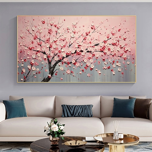 Handgefertigtes Ölgemälde auf Leinwand, Wandkunst, Dekor, rosa, originaler blühender Baum, Heimdekoration mit gespanntem Rahmen, ohne Innenrahmen Image