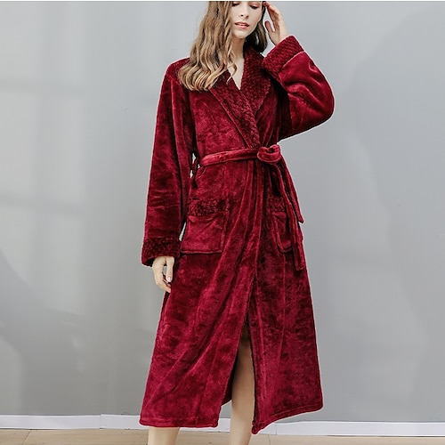 Damen-Bademantel, Nachthemd, 1 Stück, reine Farbe, warm, bequem, Plüsch, Bademantel, Home Street, Fleece, Frottee, warmes Revers, lange Ärmel, Basic-Gürtel inklusive, Herbst-Winter-Home-Outfits Image
