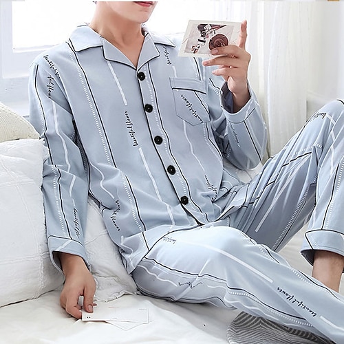 Herren Schlafanzug Hausanzug Sets Schlafanzüge Gitter / Plaid Modisch Einfach Komfort Heim Bett Baumwolle Kargen Langarm Hose Herbst Frühling Blau Dunkelgray Image