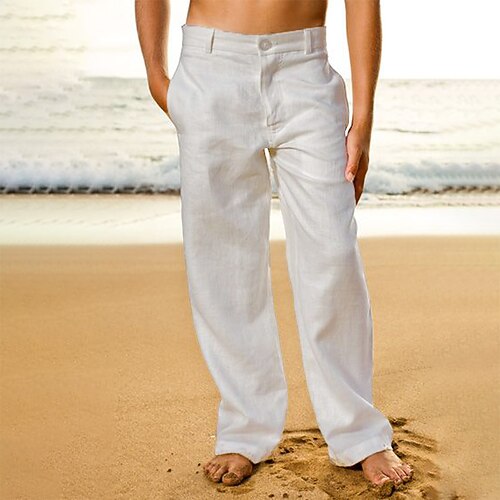 Herren Leinenhosen Hose Sommerhose Strandhose Fronttasche Gerader Schnitt Einfach Komfort Atmungsaktiv Lässig Täglich Ferien Mode Basic Schwarz Weiß Image