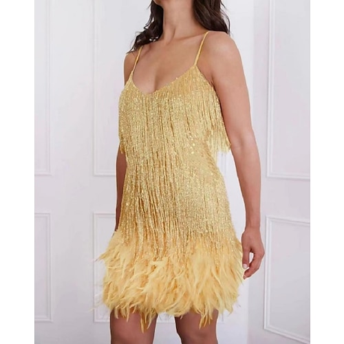 Goldene Zwanziger 1920er Mini Flapper Kleid Kleid Ärmellos Der große Gatsby Quastenfransen Feder Quaste Federn V Ausschnitt Kostüm Damen Maskerade Hochzeit Party / Abend Abendgesellschaft Erwachsene Image