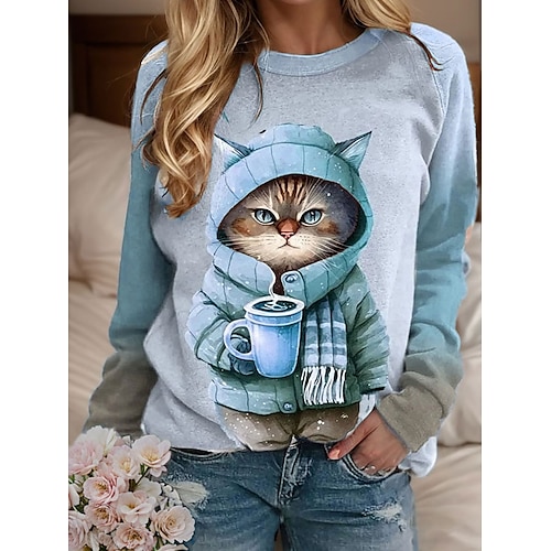 Damen Sweatshirt Pullover Katze Casual Sports Active Sportswear Rundhals Langarm Top Mikroelastisch Herbstamp;Winterkomfort, atmungsaktives, weiches Gewebe