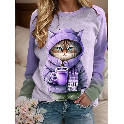 Damen Sweatshirt Pullover Katze Casual Sports Active Sportswear Rundhals Langarm Top Mikroelastisch Herbstamp;Winterkomfort, atmungsaktives, weiches Gewebe