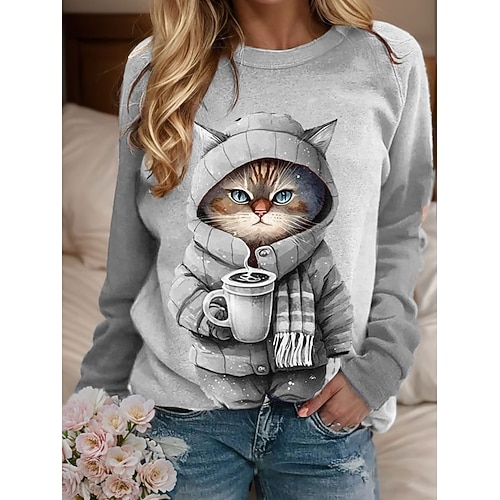 Damen Sweatshirt Pullover Katze Casual Sports Active Sportswear Rundhals Langarm Top Mikroelastisch Herbstamp;Winterkomfort, atmungsaktives, weiches Gewebe