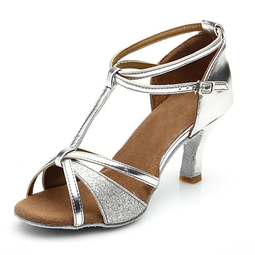 Silber glitzernde Latein-Tanzsandalen für Damen mit Fesselriemchen – perfekt für Gesellschaftstänze und besondere Anlässe Image