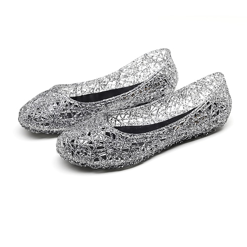 Damen Flache Schuhe Ballerina Gelees Schuhe Täglich Einfarbig Sommer Flacher Absatz Runde Zehe Brautkleider schlicht PVC Halbschuhe Silber Schwarz Rosa