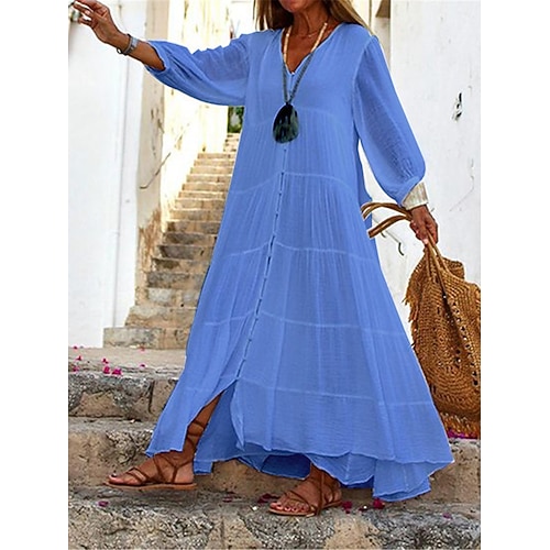 Damen Maxikleid Kunstbaumwollleinen Hemdblusenkleid Sommerkleid Kaftan Kleid Urlaub Basic Modern Täglich Wochenende Lässiger Schnitt Einfach Dreiviertelarm V Ausschnitt Blau Weiß Gelb Sommer Frühling Image