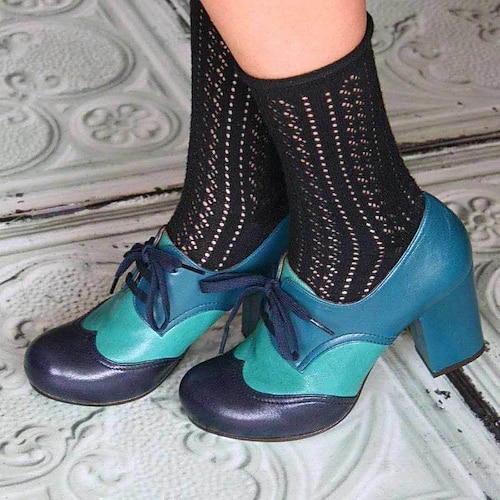 Damen Absätze Pumpen Boho Bullock Schuhe Wingtip-Schuhe Party Outdoor Täglich Farbblock Sommer Konischer Absatz Runde Zehe Elegant Urlaub Kuschelig Leder Schnalle Blau Image