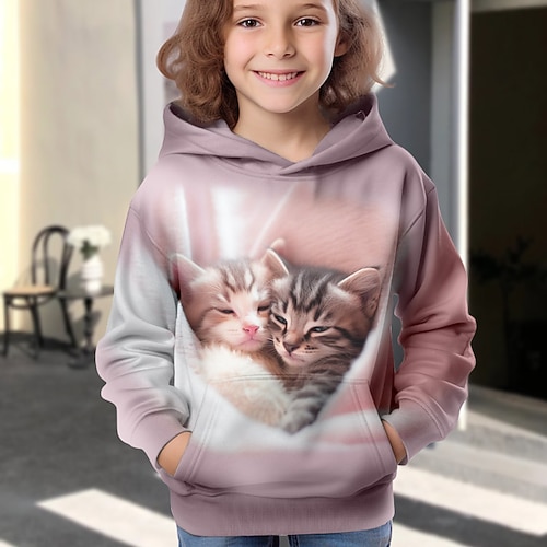 Mädchen 3D Karikatur Katze Kapuzenshirt Pullover Langarm 3D-Druck Herbst Winter Aktiv Modisch Kuschelig kinderkleidung 3-12 Jahre Outdoor Casual Täglich Regular Fit Image