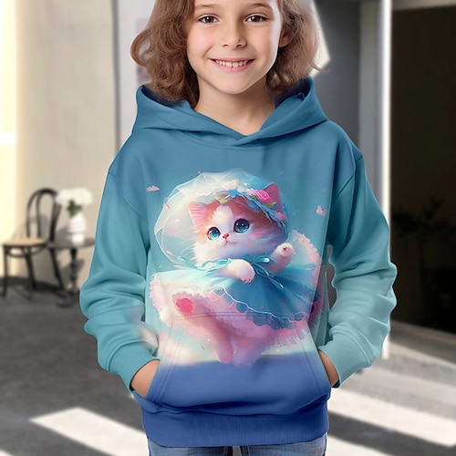 Mädchen 3D Karikatur Katze Kapuzenshirt Pullover Langarm 3D-Druck Herbst Winter Aktiv Modisch Kuschelig kinderkleidung 3-12 Jahre Outdoor Casual Täglich Regular Fit Image