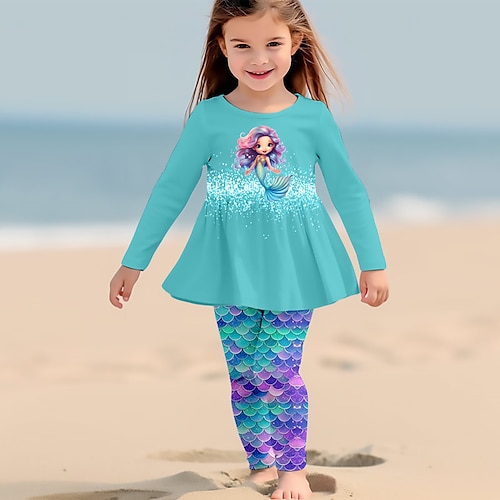 Mädchen 3D Graphic Karikatur Meerjungfrau T-Shirt Hose Kleider-Set Kleidungsset Langarm 3D-Druck Sommer Herbst Winter Aktiv Modisch Täglich Polyester kinderkleidung 3-12 Jahre Outdoor Verabredung Image