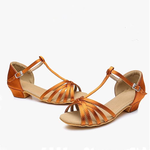 Weiße Riemchen-Lateintanzschuhe für Mädchen – bequeme und stylische T-Riemchen-Sandalen mit niedrigem Absatz und weicher Wildledersohle für Gesellschaftstanz und Salsa Image