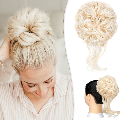 Messy Bun Haarteil lang gewellt zerzaust Hochsteckfrisur Haarknoten Verlängerungen gewelltes Haar wickeln Pferdeschwanz Haarteile Haargummis mit elastischem Haarband für Frauen Mädchen – Aschblond Mix Image