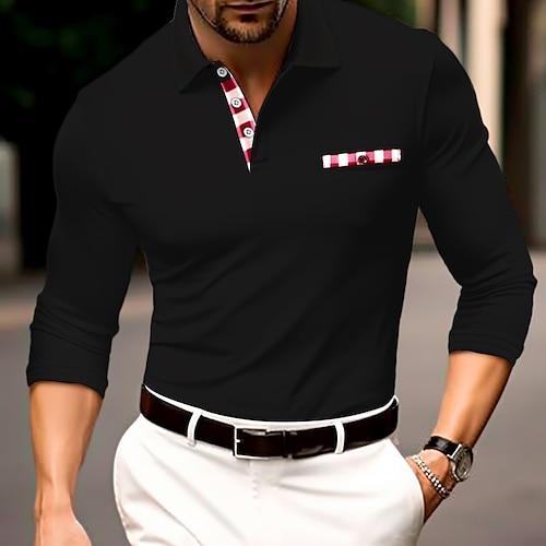 Herren Poloshirt Golfhemd Casual Sport Kargen Langarm Modisch Basic Farbblock Taste Vordertasche Frühling Herbst Regular Fit Schwarz Weiß Marineblau Grau Poloshirt