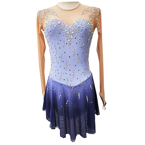 Eiskunstlaufkleid Damen Mädchen Eislaufen Kleider Blau Daumenloch Halo-Färbung Hochelastisch Professionell Wettbewerb Eiskunstlaufkleidung warm Kristalle Langarm Eislaufen Eiskundstlauf Image